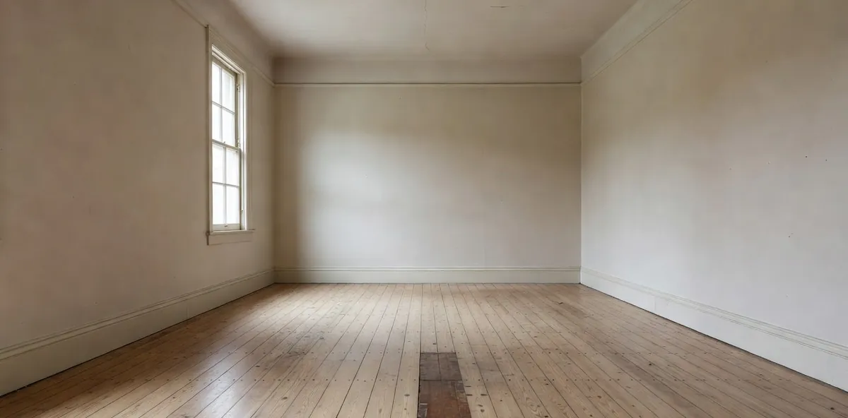 A high-ceilinged terrace room floored in narrow pale Baltic pine, with old nail holes and gaps between boards