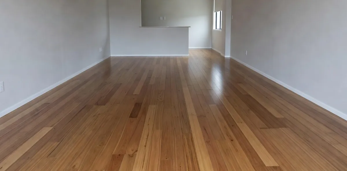 A whole apartment living floor freshly coated, satin sheen running the length of the boards