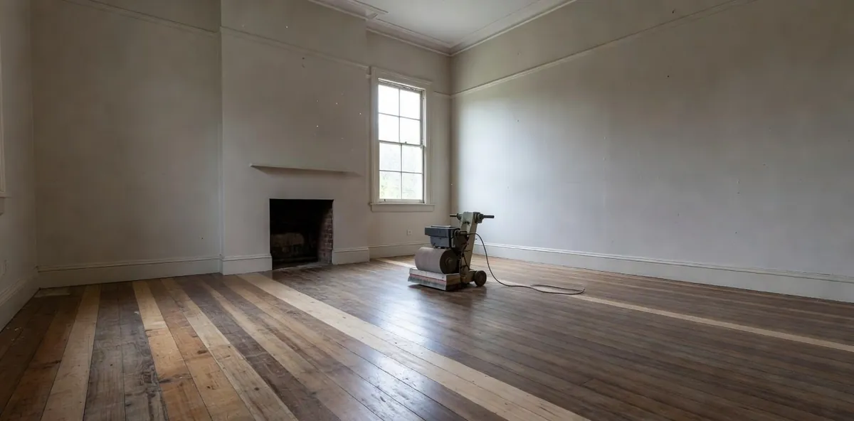 An empty terrace room with a drum sander mid-floor, a pale sanded band beside darker boards